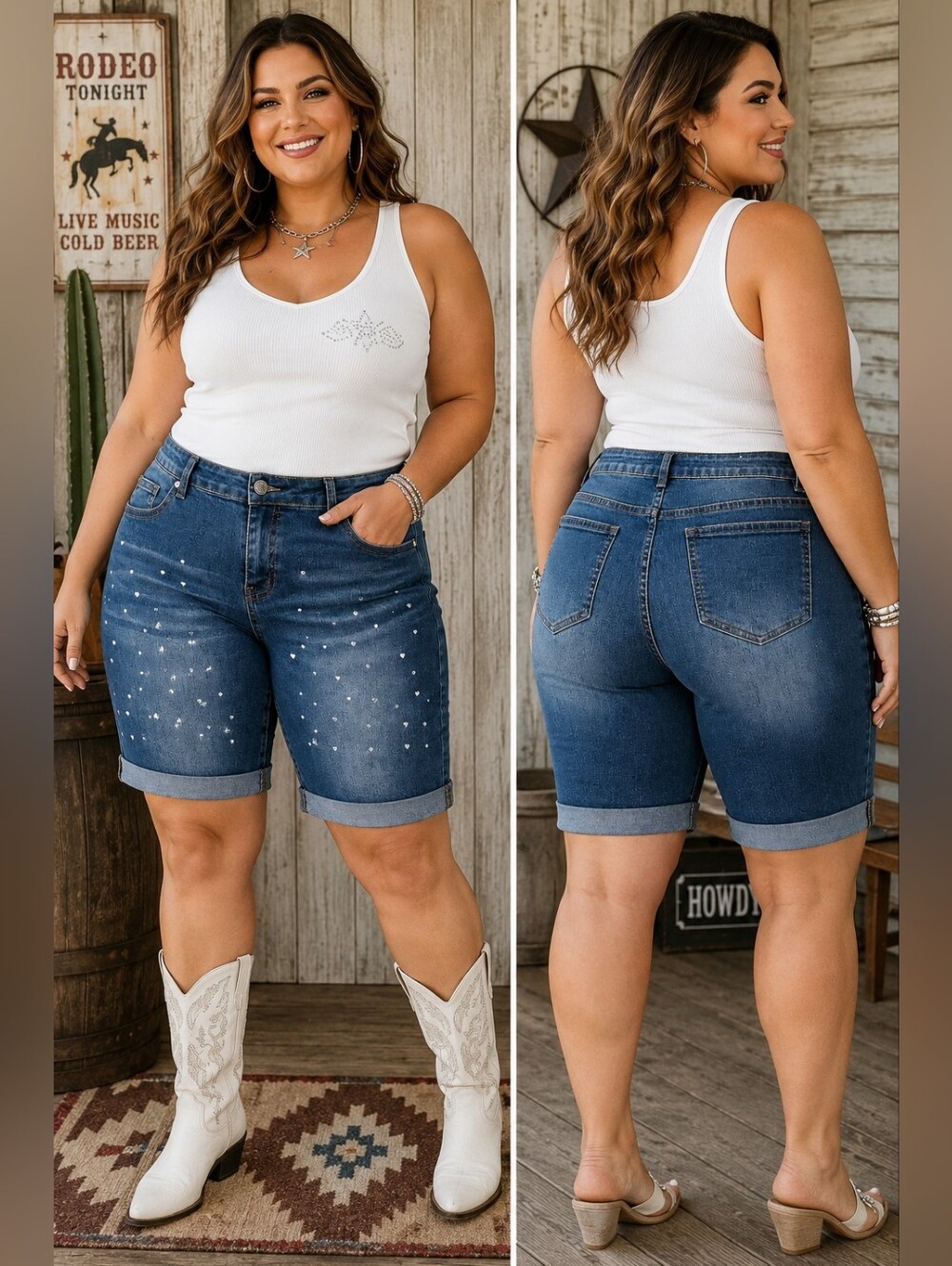 Size 16 /XL Embellished Bling Denim Bermuda Shorts Rhinestone Cuffed Y2K